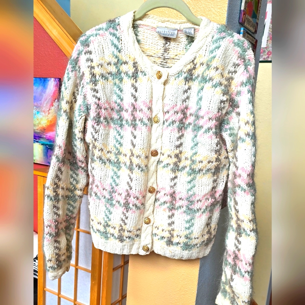 Vintage Nordstrom's Collections Pastel plaid Hand Knit Cardigan Size XS